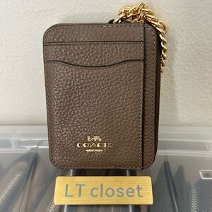New Coach Zip Card Case - Dark stone Refined Pebble Leather - NWT 6303
